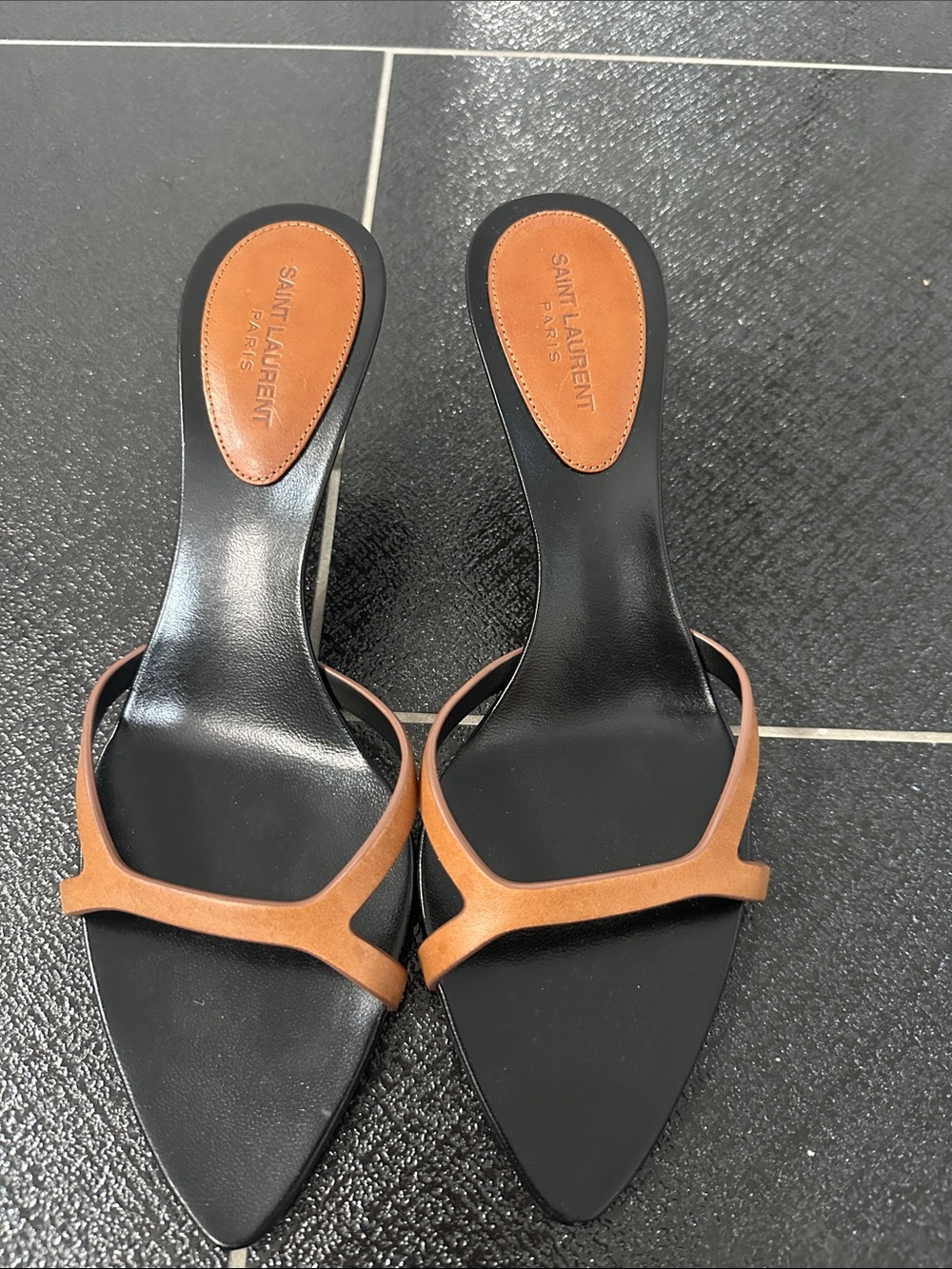 Saint Laurent Paris Babylone Tan Leather Pointed Sandals 37.5